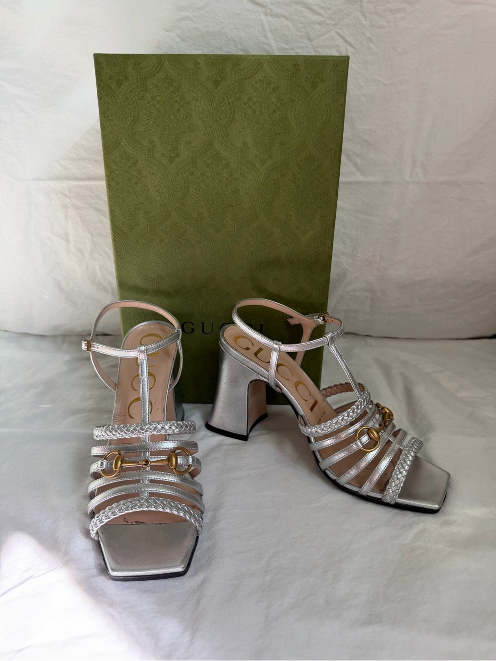 Gucci Silver Braided Strappy Block Heel Sandals with horsebit